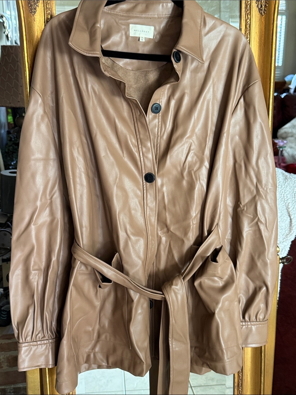 MELLODAY Tan Faux Leather Belted Trench Coat